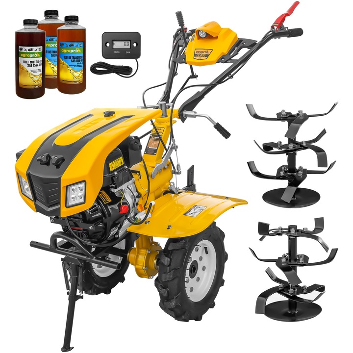 Motocultor AgroPro LC 850, motor Loncin, 7 CP, benzina, 2+1 viteze, latime lucru 65-90 cm, freze, roti cauciuc 4.00x8", capota cu faruri LED, tahometru, 3l ulei