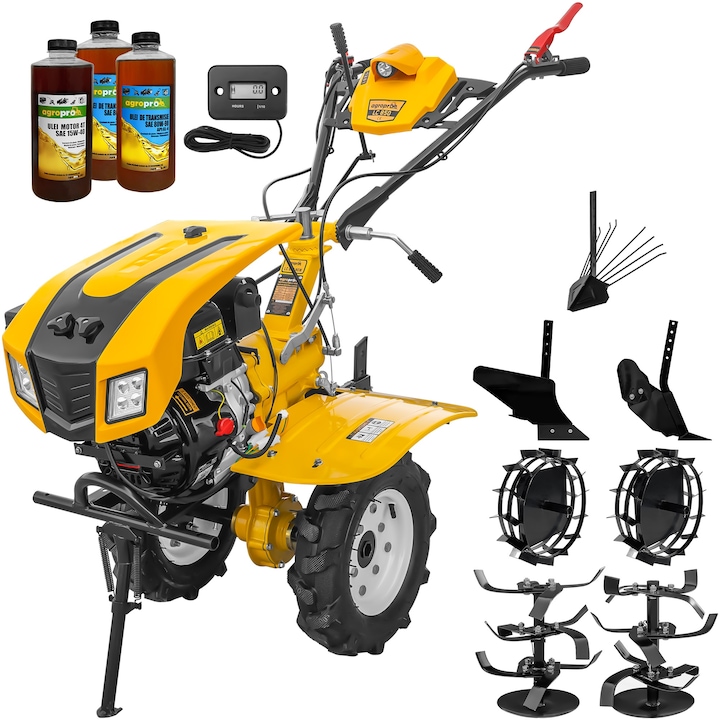 Motocultor AgroPro LC 850, motor Loncin, 7 CP, benzina, 2+1 viteze, latime lucru 65-90 cm, freze, roti cauciuc 4.00x8", capota cu faruri LED, tahometru, roti metal, plug arat, rarita reglabila, plug cartofi, 3l ulei