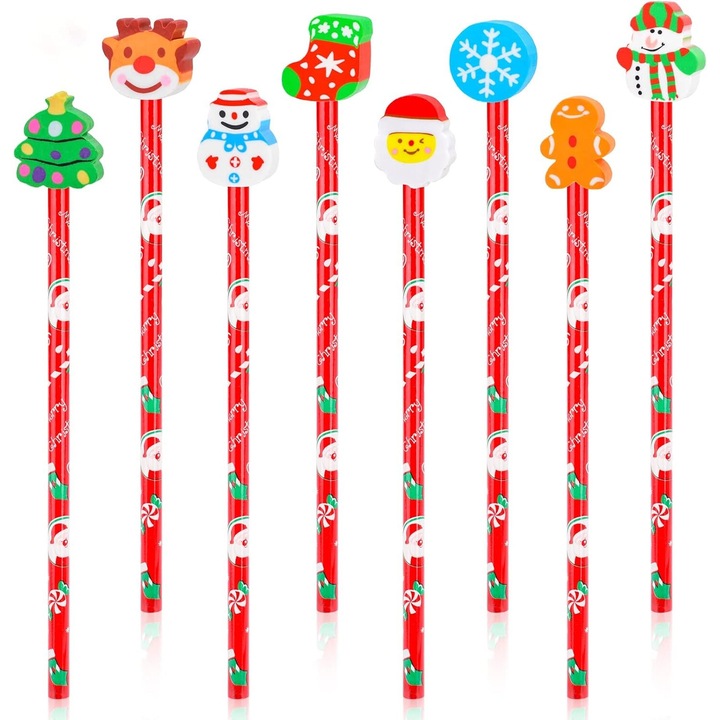 Set 16 creioane din lemn cu radiera uriasa, teme de Craciun, culori variate, 6.9 inch