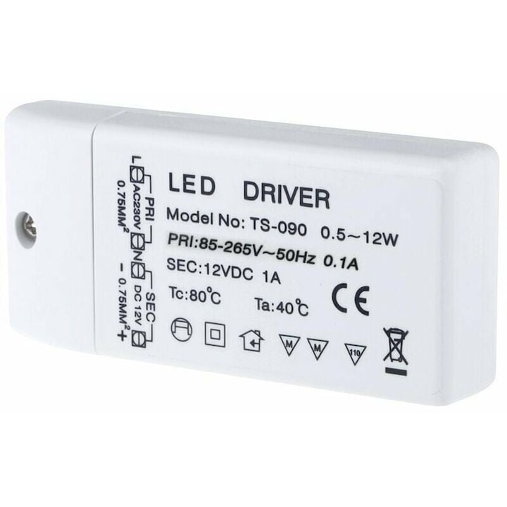 Transformator LED 12V, 12W, pentru spoturi MR11/G4/MR16/GU5.3, compact, eficienta energetica