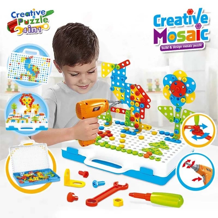 Joc Interactive Mozaic Puzzle cu Bormasina de Jucarie, Creativ de Constructie, Pentru Copii, Dalimag