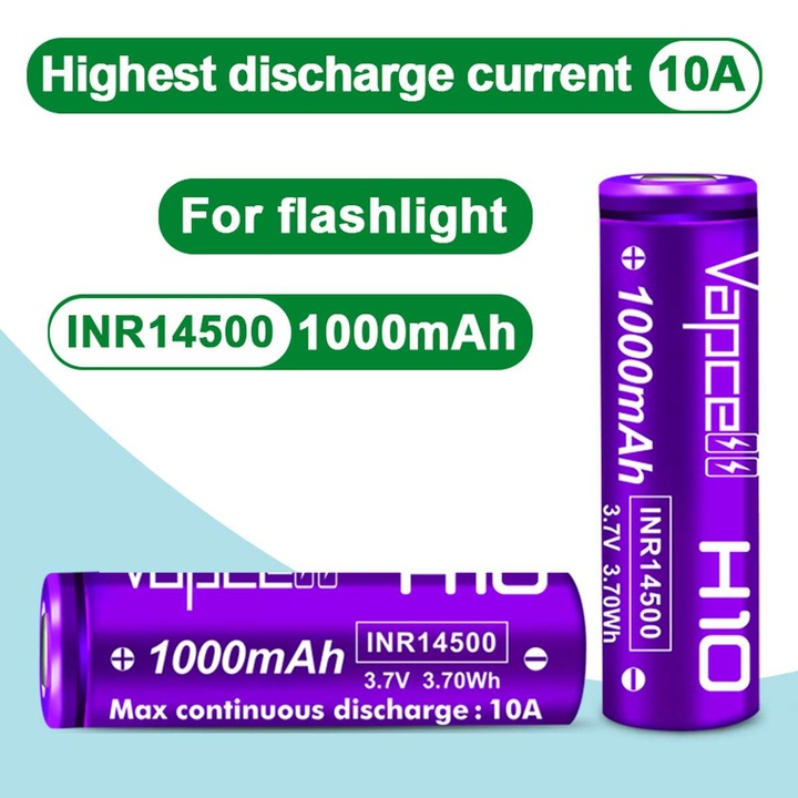 Akkumulátor 14500 Vapcell H10 1000 mAh, kisülési áram 10A, feszültség 3,7V, lapos tetejű