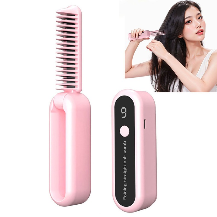 Perie electrica pentru indreptarea parului, ZJZ, portabila si pliabi, 9 setari temperatura, invelis ceramic, incarcare USB tip C, Roz