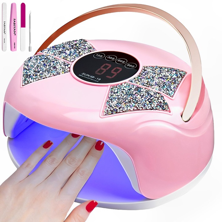 UV LED körömlámpa, BYONDSELF®, 288 W, 10s/30s/60s/99s, LCD tovbmup, intelligens érzékelés, csiszolószalaggal, rózsaszín
