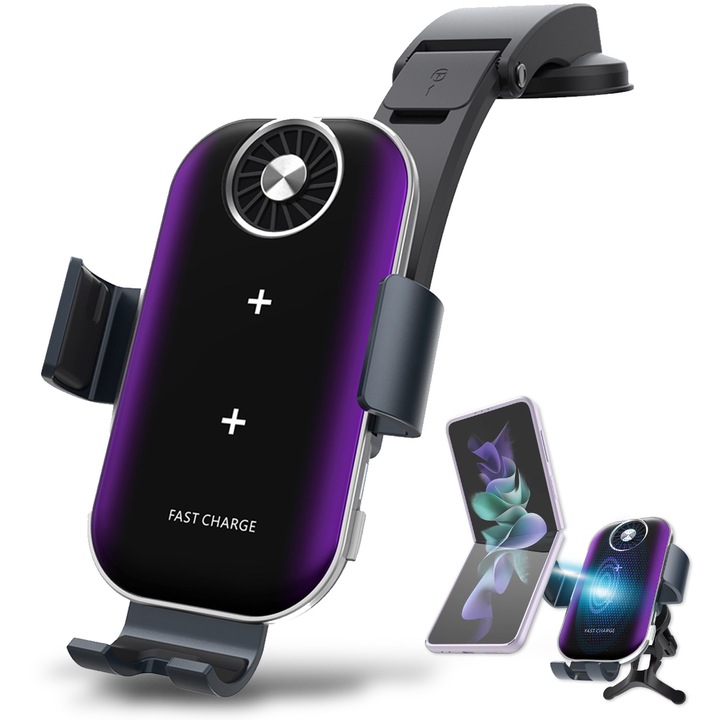 Vezeték nélküli autós töltő két tekercssel, Lurelia, autós tartó a telefon gyors töltéséhez, csendes hűtés, Samsung Galaxy Z Flip sorozatú telefon vezeték nélküli töltésére alkalmas összecsukható képernyővel, 6 mm-es munkatávolság, fekete