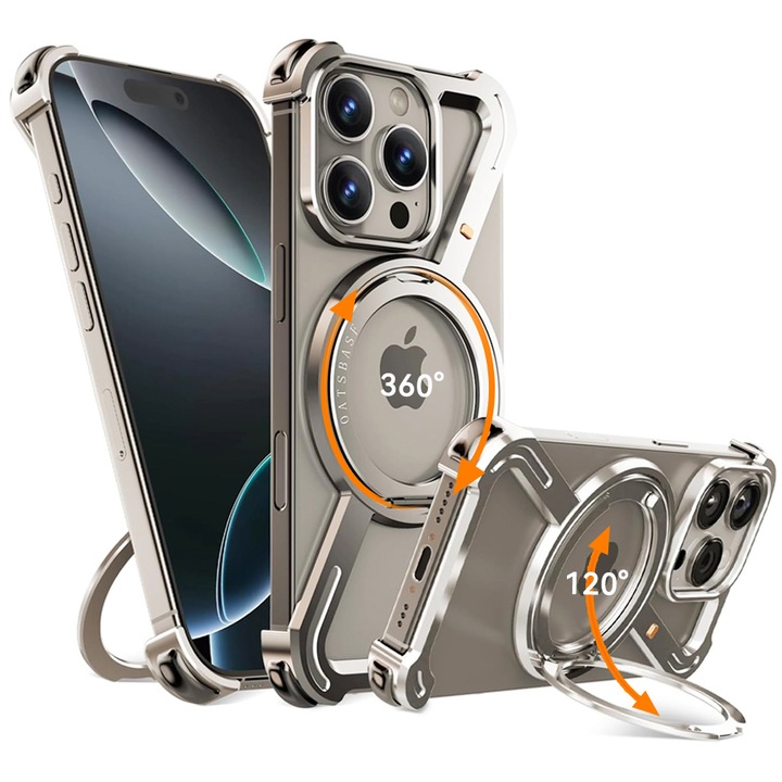 Huse Telefoane, Lurelia, Pentru iPhone 16 Pro Max, Carcasa Magnetica MagSafe, Suport magnetic Rotatie 360 ° si rotire 120 ° fata si spate, Design Fara Rama Metalica, Colturi cu Protectie Aer (4 unghiuri), Absorbtie Socuri Superioara, Titan