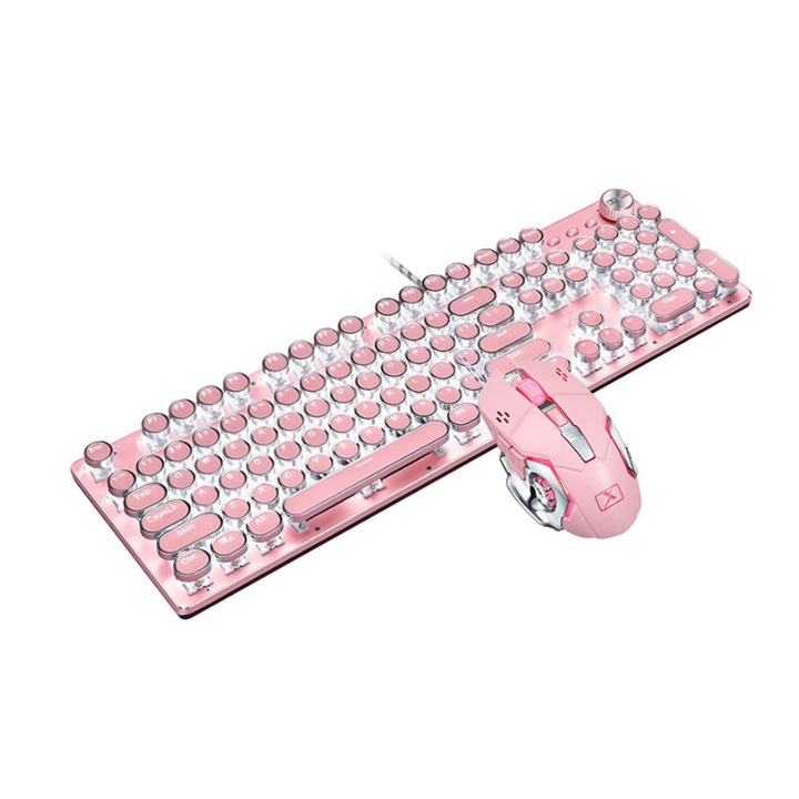 Írógép, mechanikus gaming billentyűzet és egér kombináció, kör alakú billentyűzet sapka, fehér LED, USB vezetékes billentyűzet, alkalmas játékhoz és irodához, rózsaszín