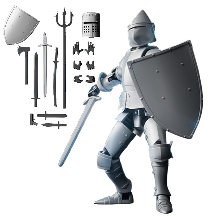 Figurina Cavaler Articulat, auto-asamblare, 14.4x6.5cm, argintie, set cu 2 casti, 3 gesturi pentru maini, 9 arme