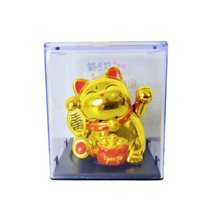 Pisica norocoasa solara, obiect decorativ pentru masina sau birou, feng shui，5x5.5x6.5cm, plastic, aurie