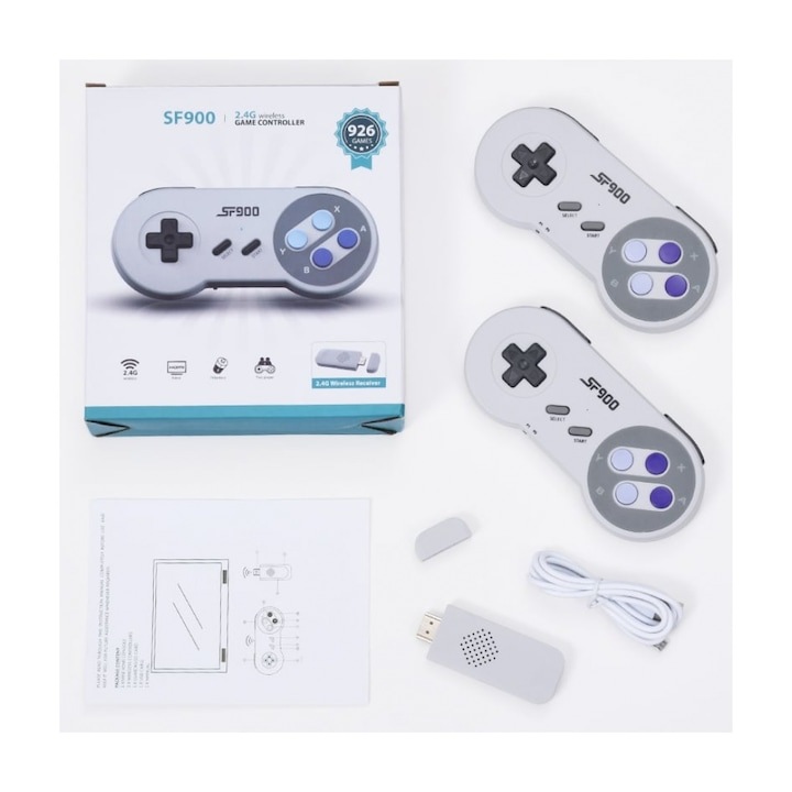 Consola de jocuri portabila, 5000 de jocuri instalate pe stick, pentru 2 jucatori, controlere wireless cu baterii, alb/gri