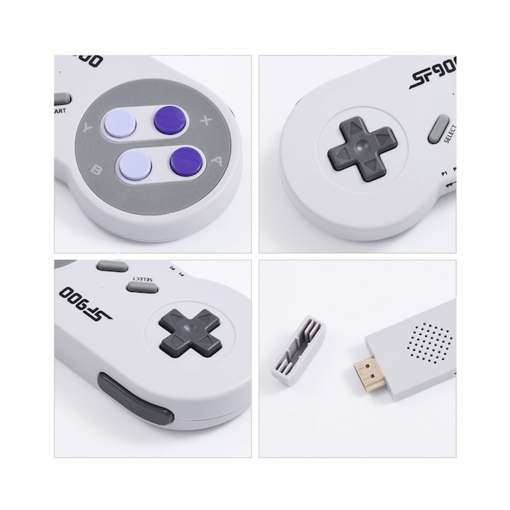 Consola de jocuri portabila, 5000 de jocuri instalate pe stick, pentru 2 jucatori, controlere wireless cu baterii, alb/gri