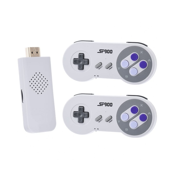 Consola de jocuri portabila, 5000 de jocuri instalate pe stick, pentru 2 jucatori, controlere wireless cu baterii, alb/gri