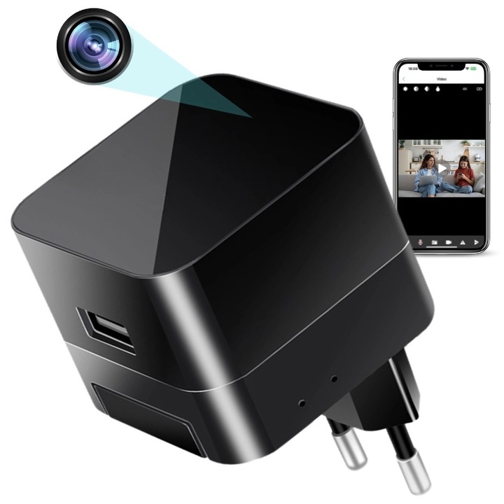 Incarcator USB cu Camera Spion iUni IP90, Wi-Fi, Full HD, Night Vision, Senzor miscare