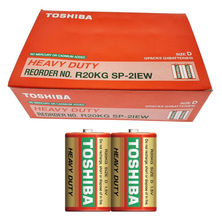 Set 24 baterii R20, Toshiba Heavy Duty D, 1.5V, ambalate in folie