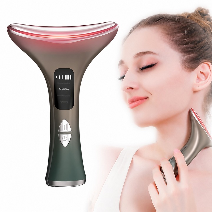 Dispozitiv Masaj Facial Profesional pentru Fata, Gat, Frunte, Electric cu Vibratii Antirid, Anti-Imbatranire, Lifting si Tonifiere, Electro Stimulare Musculara si Vibratii, 400mA/h, Verde