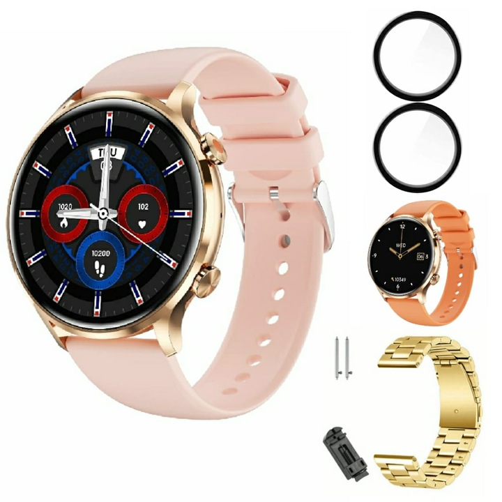 Smartwatch MULLER, ecran HD 1.39", monitorizare oxigen, ritm cardiac, somn, apel Bluetooth 5.2, microfon HD, notificari mesaje, alarma, compatibil IOS/Android, 3 curele si 2 folii protectie 3D incluse, functie smart numarat pasi, wireless, Metal, Auriu