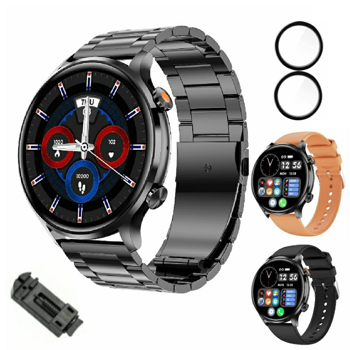 Smartwatch MULLER, ecran HD 1.39", monitorizare oxigen, ritm cardiac, somn, apel Bluetooth 5.2, microfon HD, notificari mesaje, alarma, compatibil IOS/Android, 3 curele si 2 folii protectie 3D incluse, functie smart numarat pasi, wireless, Metal, Negru