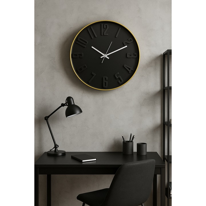 Ceas perete, rotund, analog, cadran negru, rama aurie, 40 cm