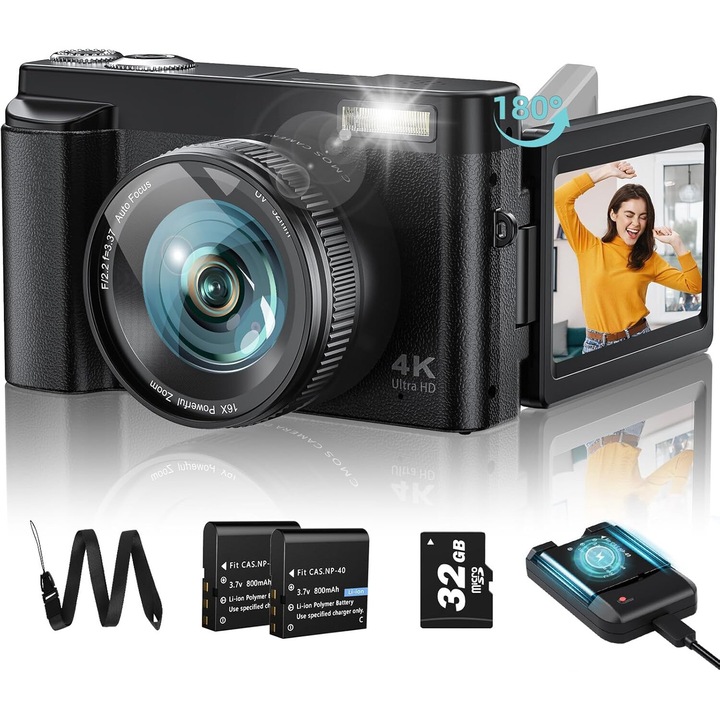 Digitális fényképezőgép, Excitat®, 48 MP 4K, 3,0 hüvelykes LCD, 180°-os fordítható képernyő, 16-szoros zoom, rázkódásgátló, 32G SD kártya - fekete