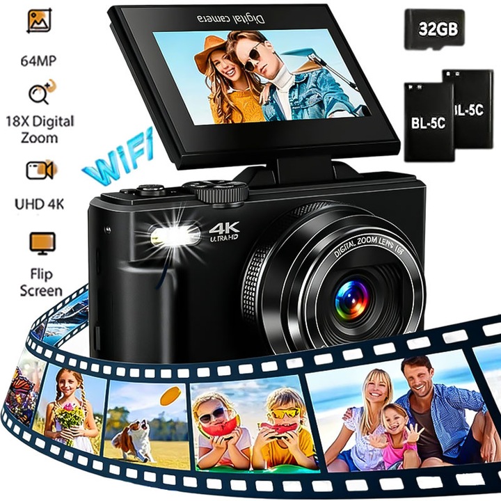 Camera foto compacta, Excitat®, Aparat foto digital HD pentru acasa, 64MP, LCD de 3, 0 inchi, Ecran flip 180°, Zoom 18x, Anti-shake, WIFI, Cu card SD 32G, Focalizare automata, Blit de umplere incorporat, Negru