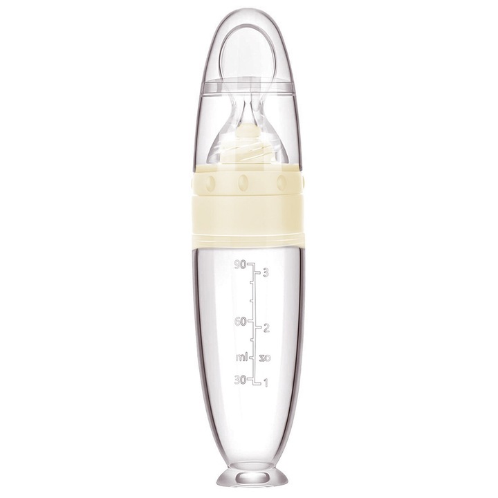 Lingurita de silicon cu rezervor, pentru hrana solida, 90 ml, galben