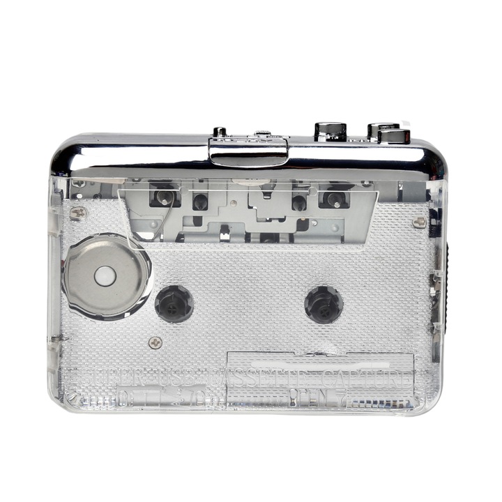 MP3 lejátszó, kazettás tartozék, teljesen átlátszó tok, Type-C / USB, kompakt és hordozható, ezüst