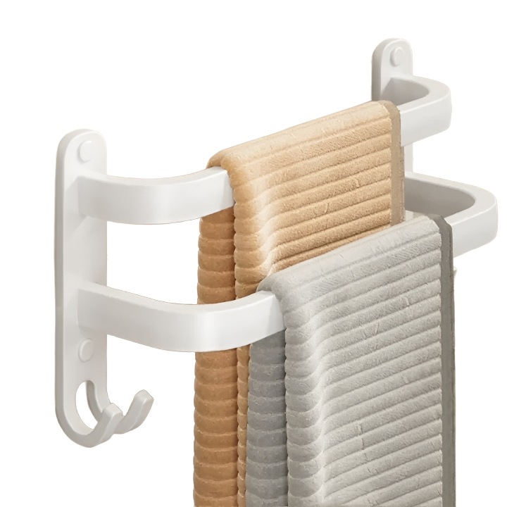 Suport pentru prosoape de baie, brat dublu, 4 carlige, spatiere larga, ventilat, dezaliniat, fara gauri, 30 cm, alb