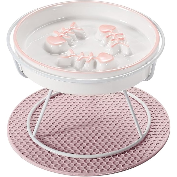 Castron pentru caini, Bol pentru hranire lenta pentru pisici cu suport de fier, incetinirea vitezei de mancare a animalelor de companie, fara oboseala a mustatilor, impotriva balonarii, indigestiei, ceramica, roz