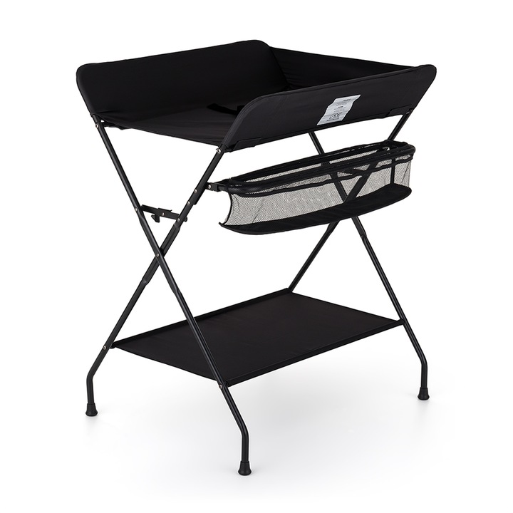 Masuta pentru infasat si schimbat scutece, Feedo, Multifunctionala, Pliabila, Cu raft pentru depozitare si compartiment lateral, Realizata din fier, panza si in, 80.5 x 67 x 102.5 cm, Negru