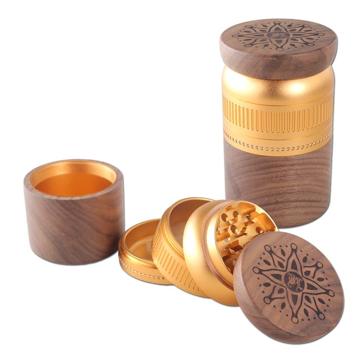 Grinder tutun, magnetic, maruntire, Black Leaf, din Lemn de nuc si Aluminiu satinat din 5 parti, diametru 63mm, auriu