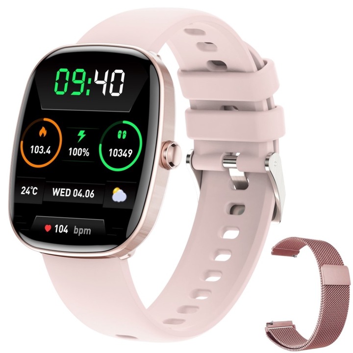 Часовник Smartwatch Techbasics® Onyx, Екран 1.83", Bluetooth 5.3 разговори, HD микрофон, Известия за обаждания и социални мрежи, Мониторинг на здравето и съня, Спорт, фитнес режими, Безжично зареждане, Водоустойчив IP68, 2 гривни, Унисекс, Розов