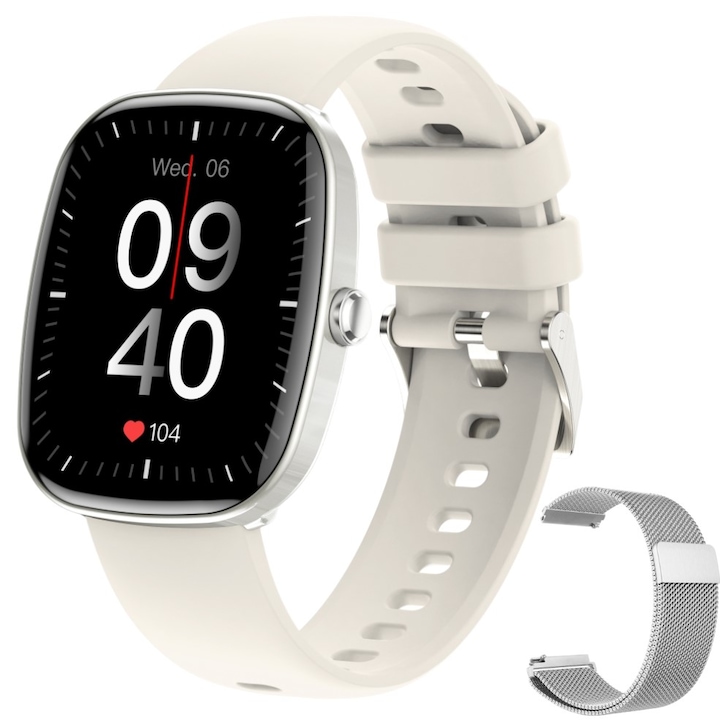 Smartwatch Techbasics® Onyx, Екран 1.83", Bluetooth 5.3 разговори, HD микрофон, Известия за повиквания и социални мрежи, Мониторинг на здравето и съня, Спорт, фитнес режими, Безжично зареждане, Водоустойчив IP68, 2 гривни, Унисекс, Бяло/Сребристо