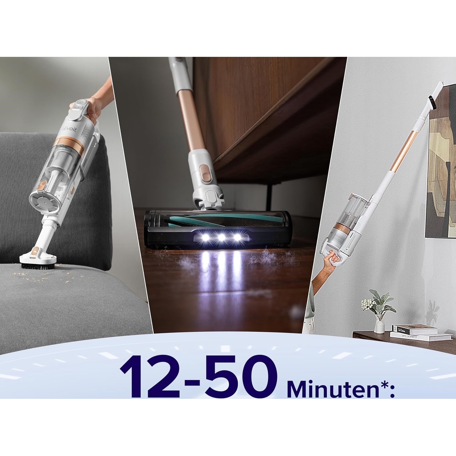 Aspirator vertical fara fir LEVOIT LVAC 200, Autonomie 50 Min, Iluminare LED, 180W, Container 0.75 L, Filtru HEPA 5 Stadii, ALB-GOLD