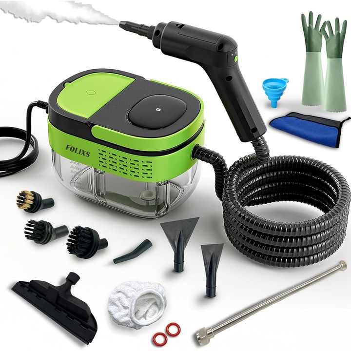 Gőztisztító, Folixs, 2500 W, 3 rúd, 1600 ml-es tartály, digitális kijelző, 3 fokozatú, állítható gőzölőfogantyú, 13 tartozék, zöld