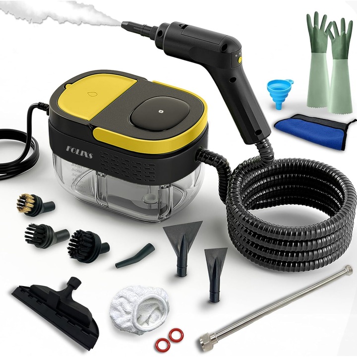 Парочистачка, Folixs®, 2500 W, 3 Bar, 1600 ml резервоар, Цифров дисплей, 3-скоростна регулируема ръкохватка за пара, включени 13 аксесоара, Жълто/Черно