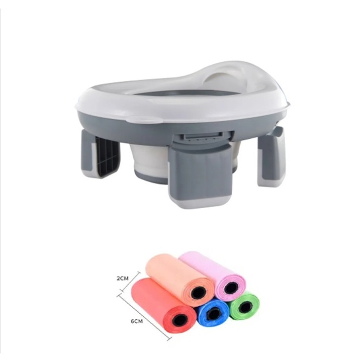 3 az 1-ben hordozható összecsukható WC gyerekeknek, füstszürke, 100 húzózsinóros szemeteszsákot tartalmaz