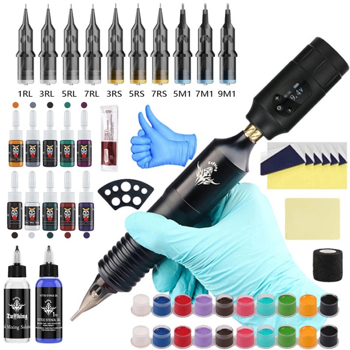 Kit de pistol de tatuaj Kit de masina de tatuaj, sursa de alimentare fara fir de 1300 mAh, motor de rotatie 10v1w, culoare pentru tatuaj de 5 ml in 10 nuante dinamice, masina de tatuaj pentru artisti si incepatori, WALALLA, negru