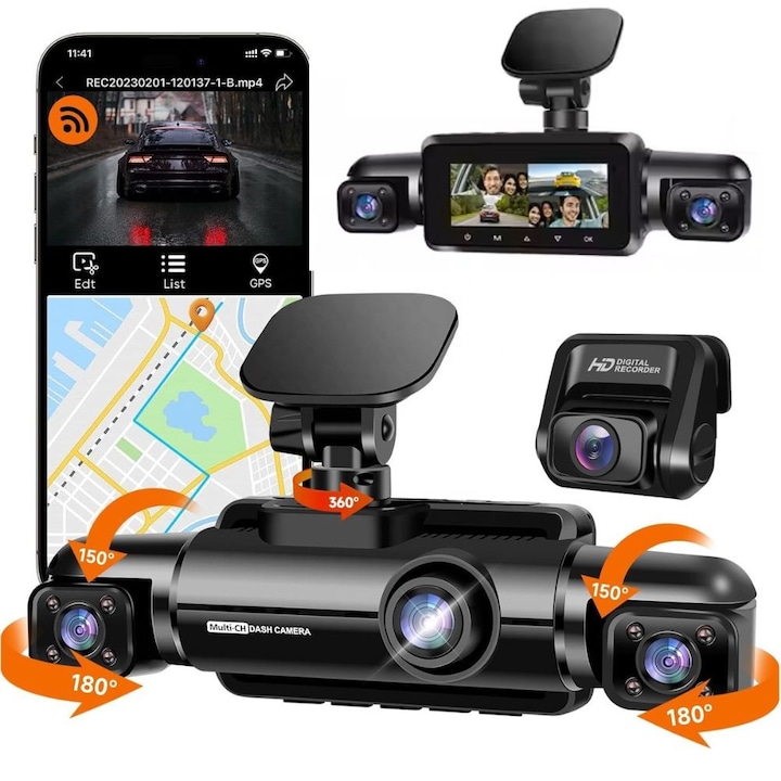 Автомобилна DVR камера с 4 канала, 3K+1080P, 5GHz WiFi, GPS, нощно виждане с 8 IR LED светлини, G-сензор, 3.16” екран, гласово управление, 24-часов паркинг режим