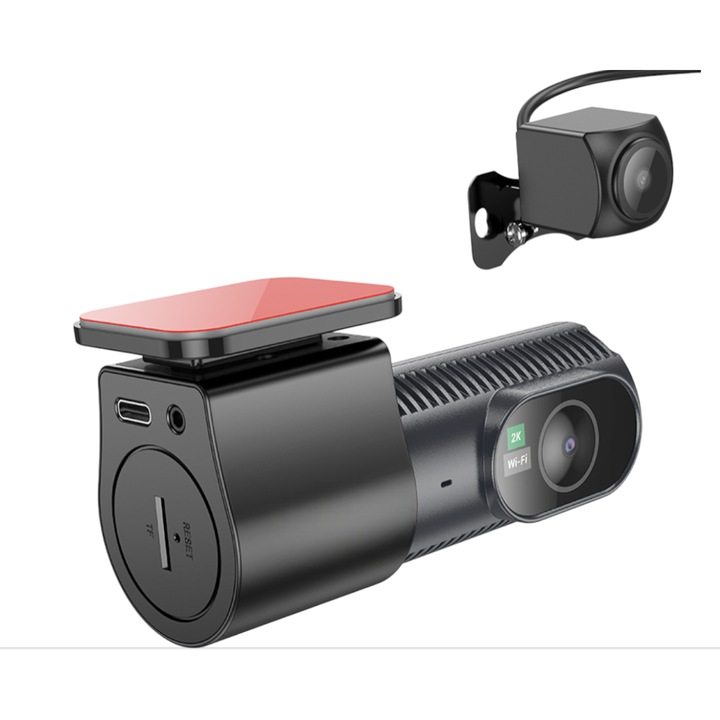 Autókamera, ultrakompakt dash cam HD 2K, felbontás 2560P/25fps, mini LCD képernyővel (elülső + hátsó kamera tartozék) FEKETE