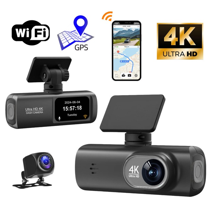C Tech® DVR камера за кола и включена Full HD камера за заден ход, Ultra HD 4K Wi-fi връзка в приложението, вграден GPS за местоположение на автомобила, зрително поле от 170°, нощно виждане, цикличен запис, откриване на движение