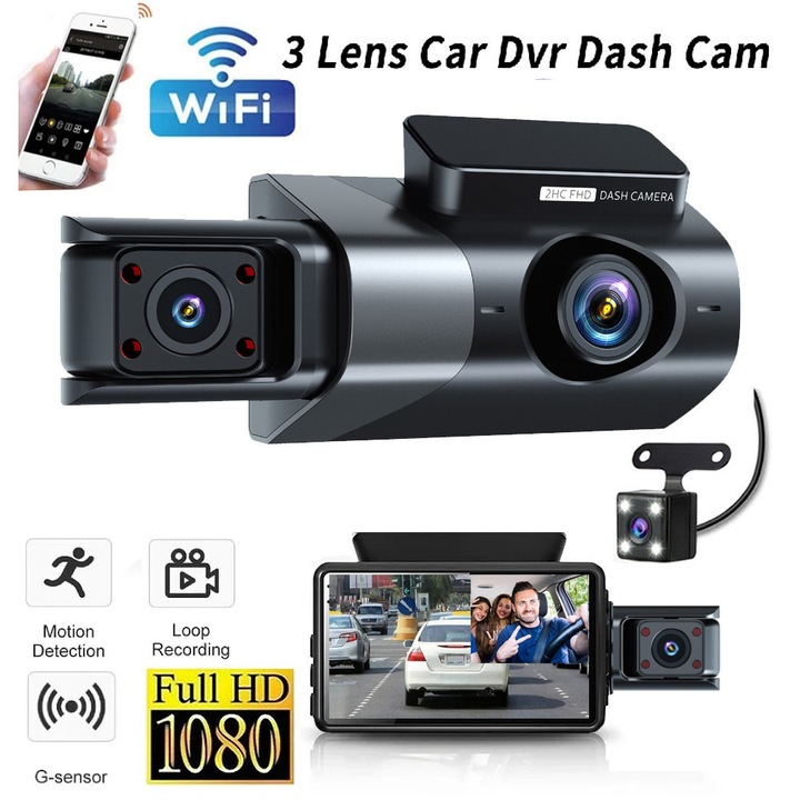 Автомобилен DVR C Tech® Двойна Full HD камера и Full HD камера за заден ход, Wi-Fi връзка в приложението, 170° зрително поле, нощно виждане, цикличен запис, откриване на движение, гравитационен сензор за инцидентен удар, G - сензор, черен