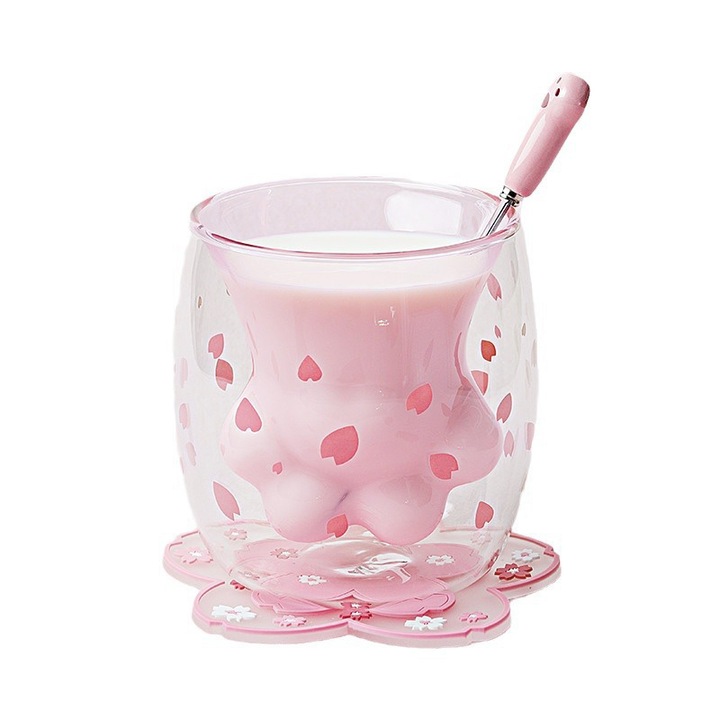 Cupa din sticla cu labe de pisica, decor cu flori de cires, cupa draguta cu labe de pisica, cu izolare dubla, potrivita pentru biroul acasa, cadou de zi de nastere, iubitorii de pisici de ziua indragostitilor, roz