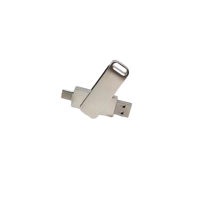 Pendrive, 512 GB, 2 IN 1, 360⁰ forgatható, Vízálló, USB3.0, USB Type C ütésálló, PC-hez, telefonhoz, autós audio, projektor, fém, 17 x 68 x 9 mm, ezüst