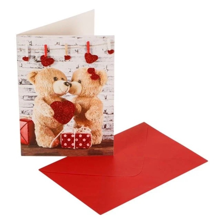 Szerelmi kártya Nyland® mackó piros csillogó szívecskék 13x19 cm és boríték