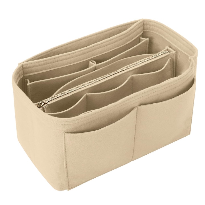 Belső táska, utazási pénztárcakezelő, filcbetétes táska, fém cipzár, belső kézitáska, 26 * 13 * 16, bézs