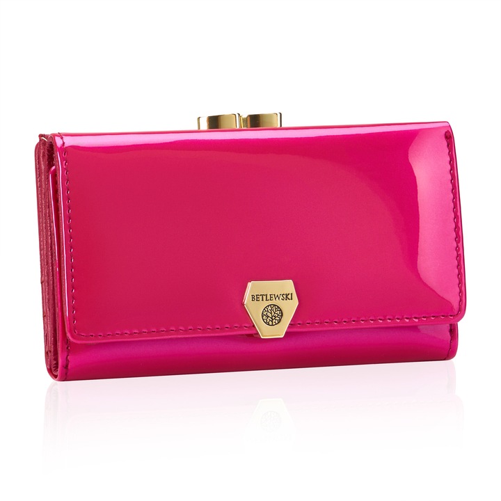 Portofel de dimensiuni medii pentru femei, Betlewski, Shiny, din piele naturala lacuita, 14, 5 x 9 x 3, 5 cm, culoare roz