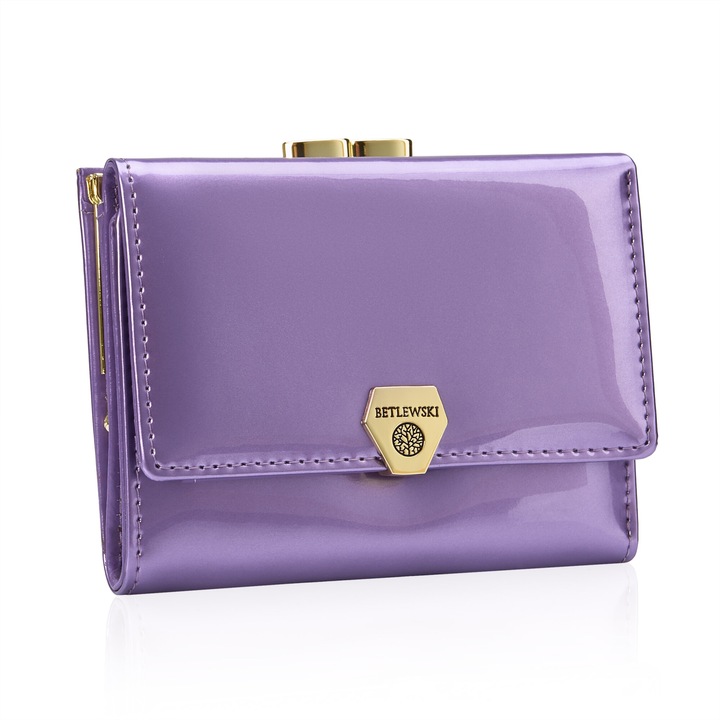 Portofel mic de dama, piele naturala lacuita, Betlewski, Shiny, 12 x 9 x 2.8 cm, culoare violet