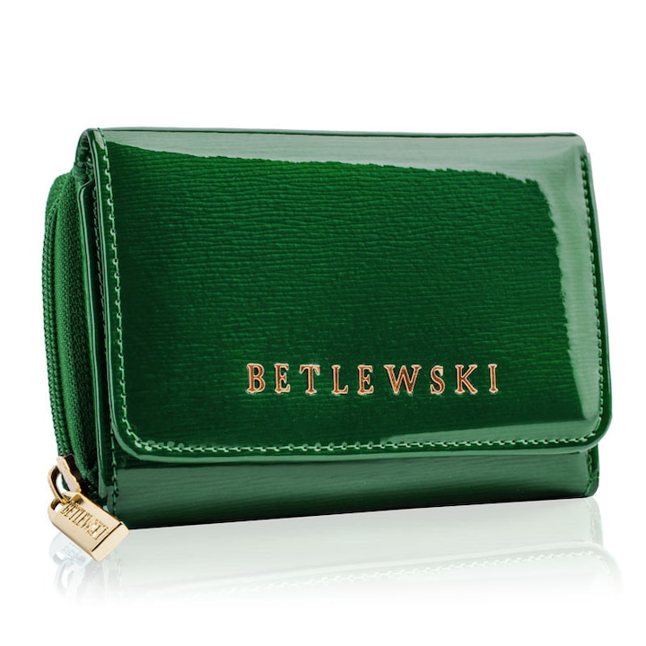 Portofel mic de dama, piele naturala lacuita, Betlewski, Royal, 12 x 8.8 x 3 cm, culoare verde