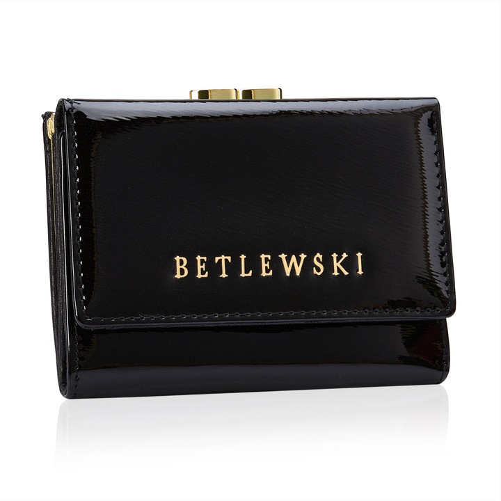 Портфейл Малък Дамски, Естествена Кожа Лакирана, Betlewski, Royal, 12 x 9 x 2.8 См, Цвят Черен