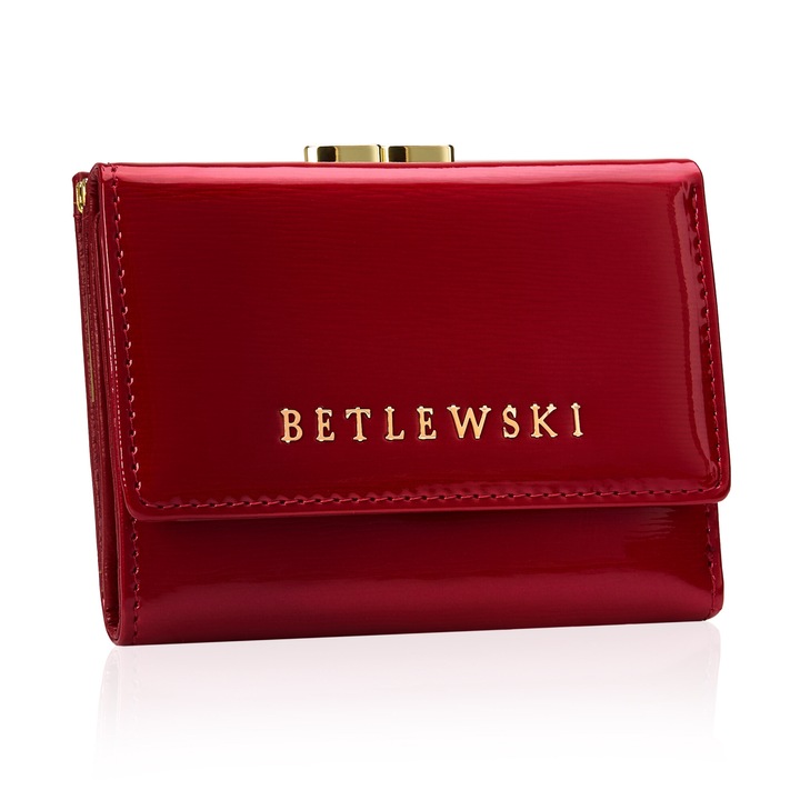 Портфейл Малък Дамски, Естествена Кожа Лакирана, Betlewski, Royal, 12 x 9 x 2.8 См, Цвят червено